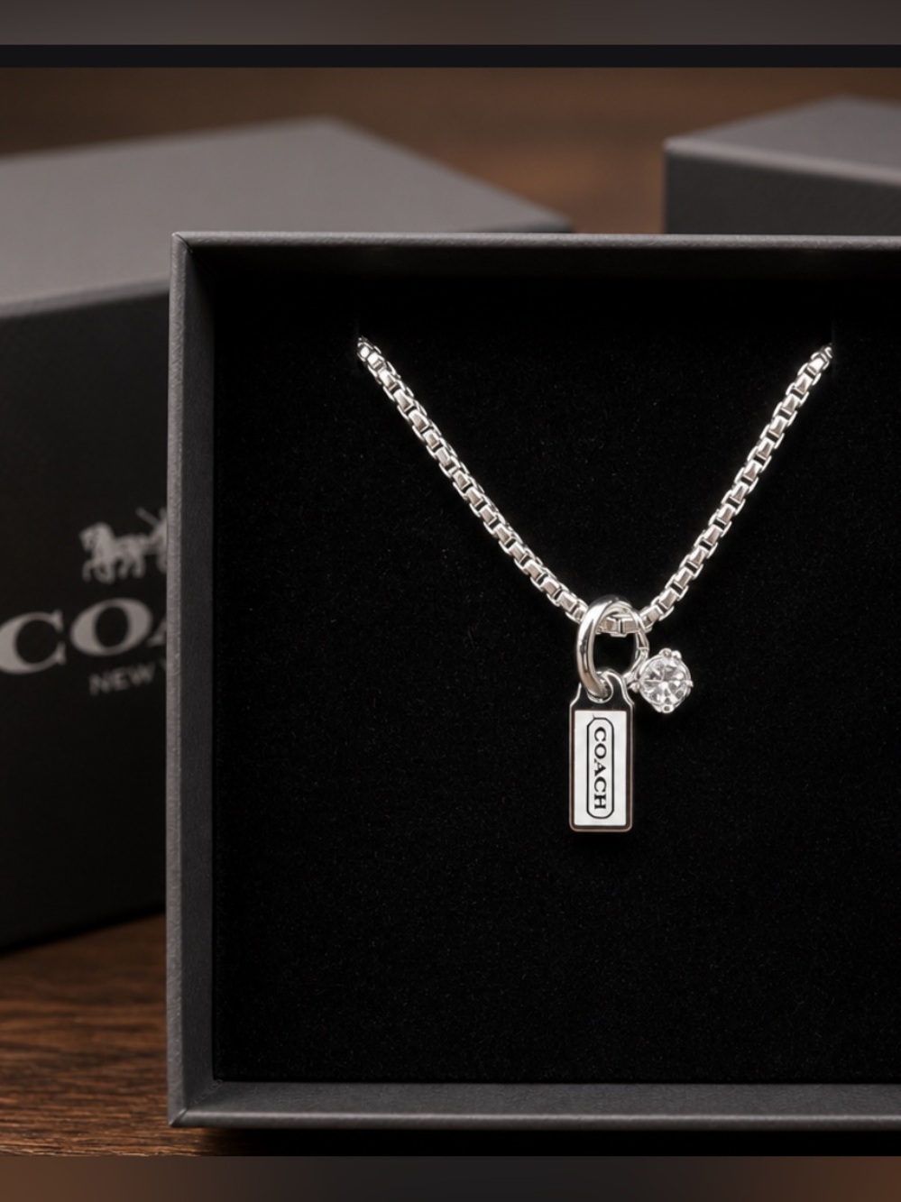 COACH  Light Pink Hang Tag on a Sterling Silver Box Chain (16”)